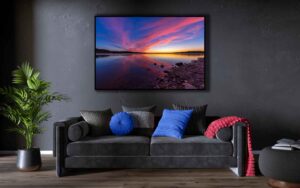 An AI room visualization featuring my fine art print of Caesar Creek State Park during a peaceful evening where calm water perfectly reflects the colorful sky above.