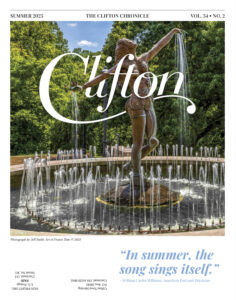 A magazine cover titled The Clifton Chronicle featuring the graceful sculpture and fountain called the Muse of Clifton. The cover image shows a woman with outstretched arms with water pouring out of her palms. The