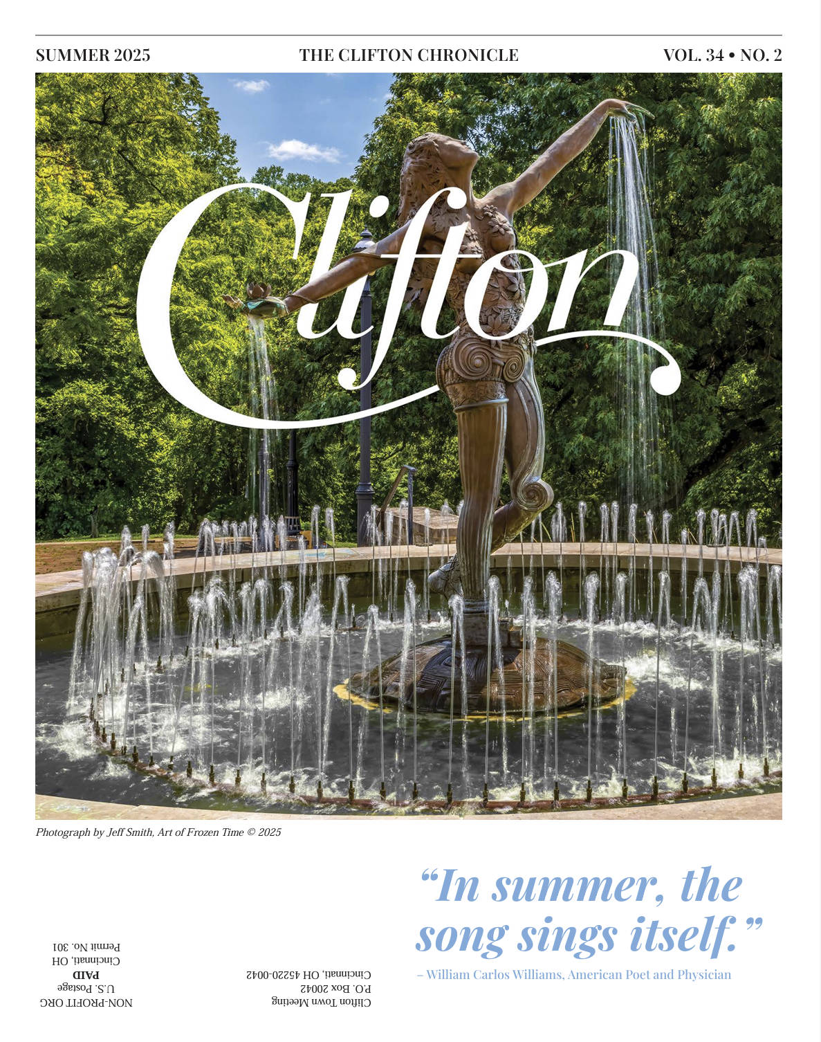 A magazine cover titled The Clifton Chronicle featuring the graceful sculpture and fountain called the Muse of Clifton. The cover image shows a woman with outstretched arms with water pouring out of her palms. The
