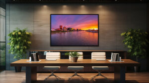 A room visualization depicting my Dayton Skyline at Sunset print as office artwork. This corporate artwork celebrates the beauty of calling the Miami Valley home.