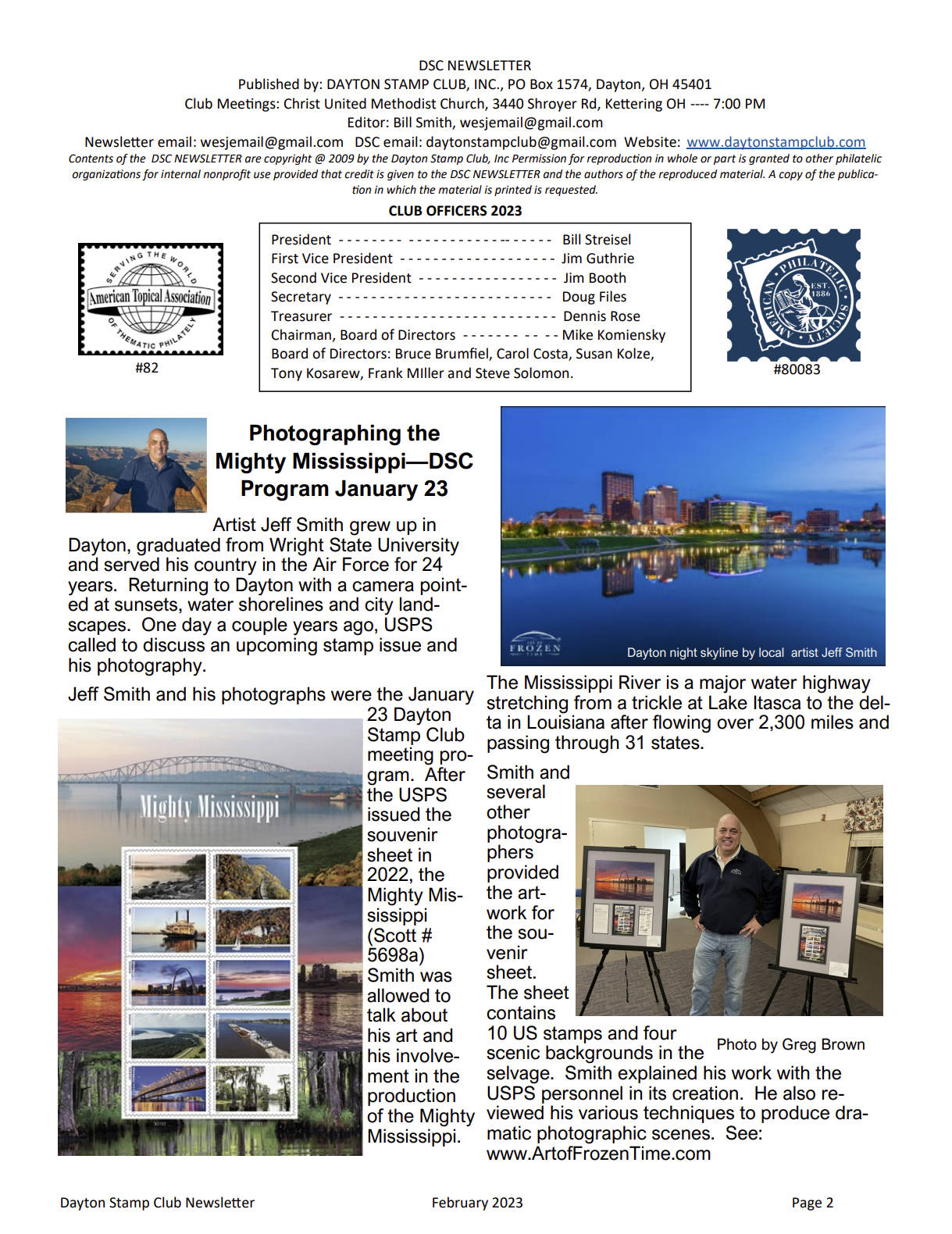 As magazine article featuring my Dayton Skyline at twilight Print and two framed prints of the Mighty Mississippi Stamp Series with First Day Issue cancellations