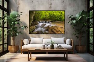 An AI room visualization featuring my fine art print of Mash Fork Falls in West Virginia on a peaceful spring morning in Camp Creek State Park