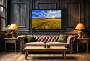 An AI room visualization featuring my fine art print of Morris Reserve during an autumn sunrise where the sunlight rakes across the prairie and backlights the golden rod