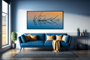 An AI room visualization featuring my fine art print from Spring Valley Ohio where the remnants of a submerged tree limb form interesting reflections.