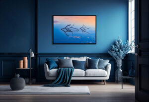 An AI room visualization featuring my fine art print of a submerged branch that makes interesting reflections on the calm lake surface