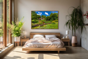 An AI room visualization featuring my fine art print of Smith Memorial Gardens in Oakwood, Ohio where morning summer sunlight magnifies the garden's rich colors.