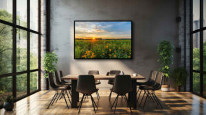 An AI room visualization featuring my fine art print of Morris Reserve during a super bloom of Black-eyed Susans during a peaceful sunset over Greene County Ohio