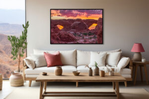 An AI rendition of my fine art print from Arches National Park showing the Spectacles during a colorful sunrise near Moab