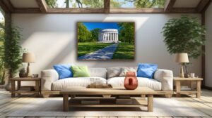 An AI room visualization featuring my fine art print of the Warren G. Harding Presidential Memorial in Marion Ohio on a pretty summer evening.