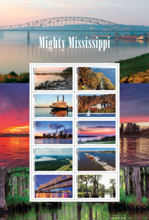 The US Postal Service stamp series Mighty Mississippi showing 10 stamps and three background images