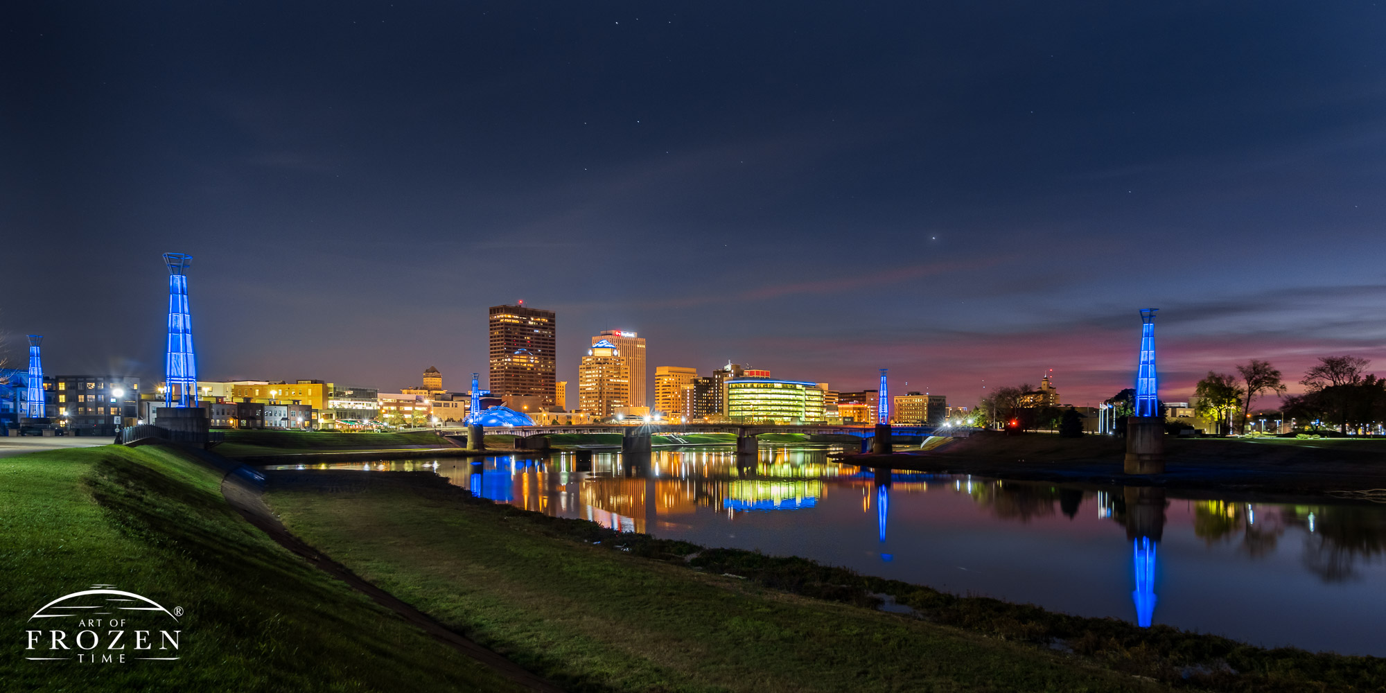 Dayton skyline at twilight where the city pays respect to Detective Del Rio by turning its accent lights to blue