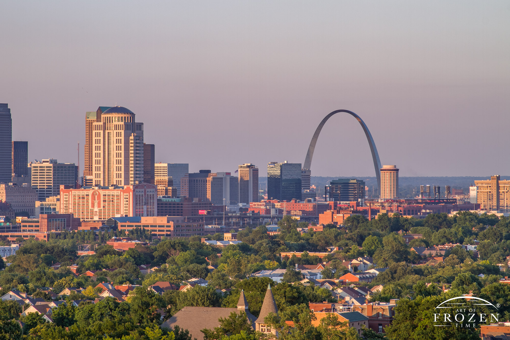 The St Louis Skyline painted in golden light from the evening sun