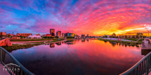 The Dayton Skyline where the heavily clouded sky caught warm colorful light appearing as skyfire