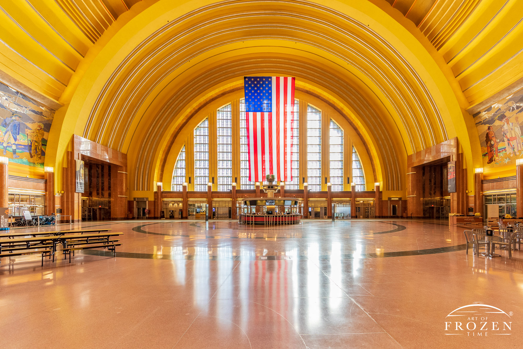 A panorama image inside the Cincinnati Union Terminal looking east capturing the entire facade