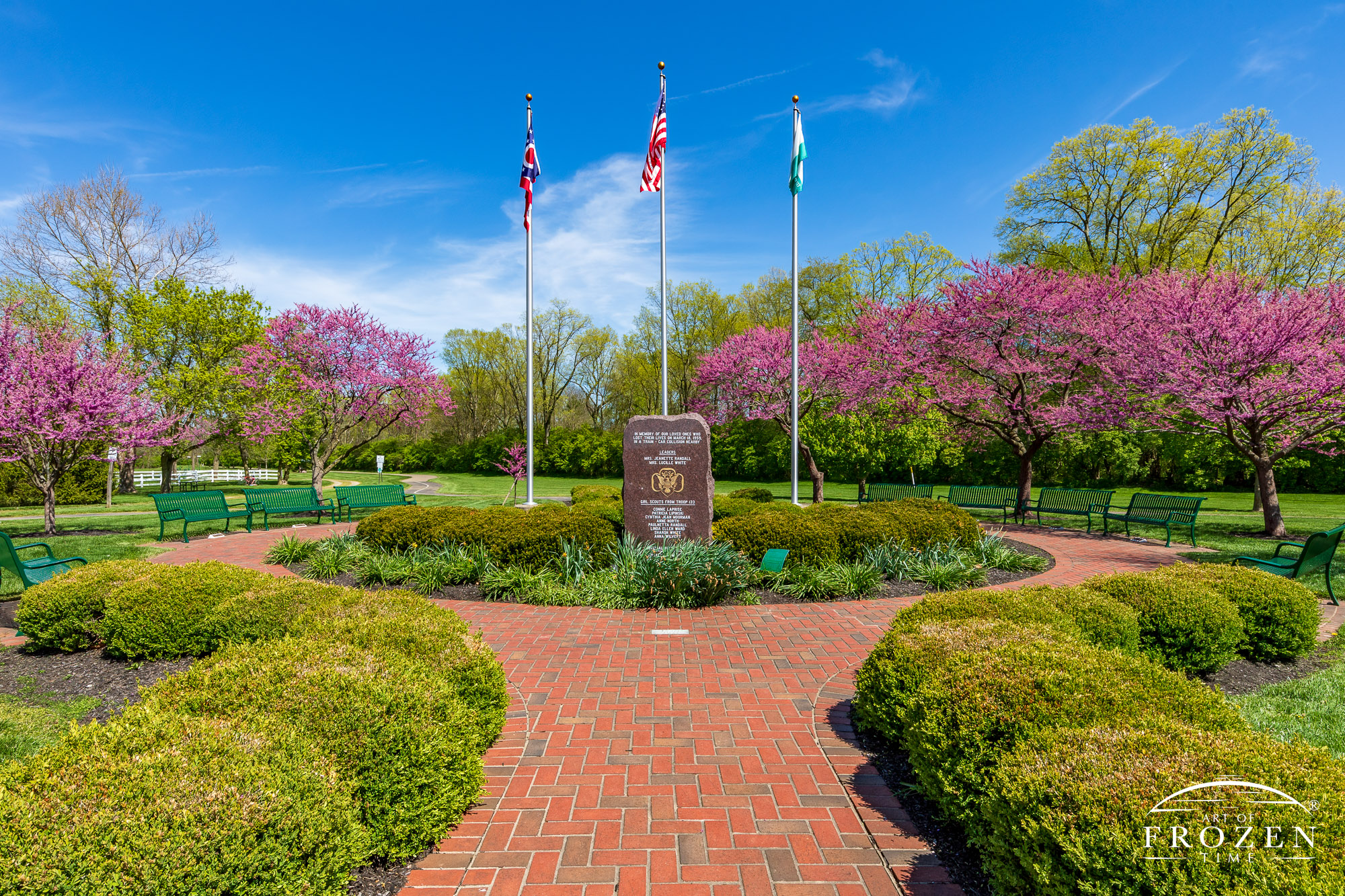 A memorial to local girl scouts surrounded by a flag display and eastern red bud trees