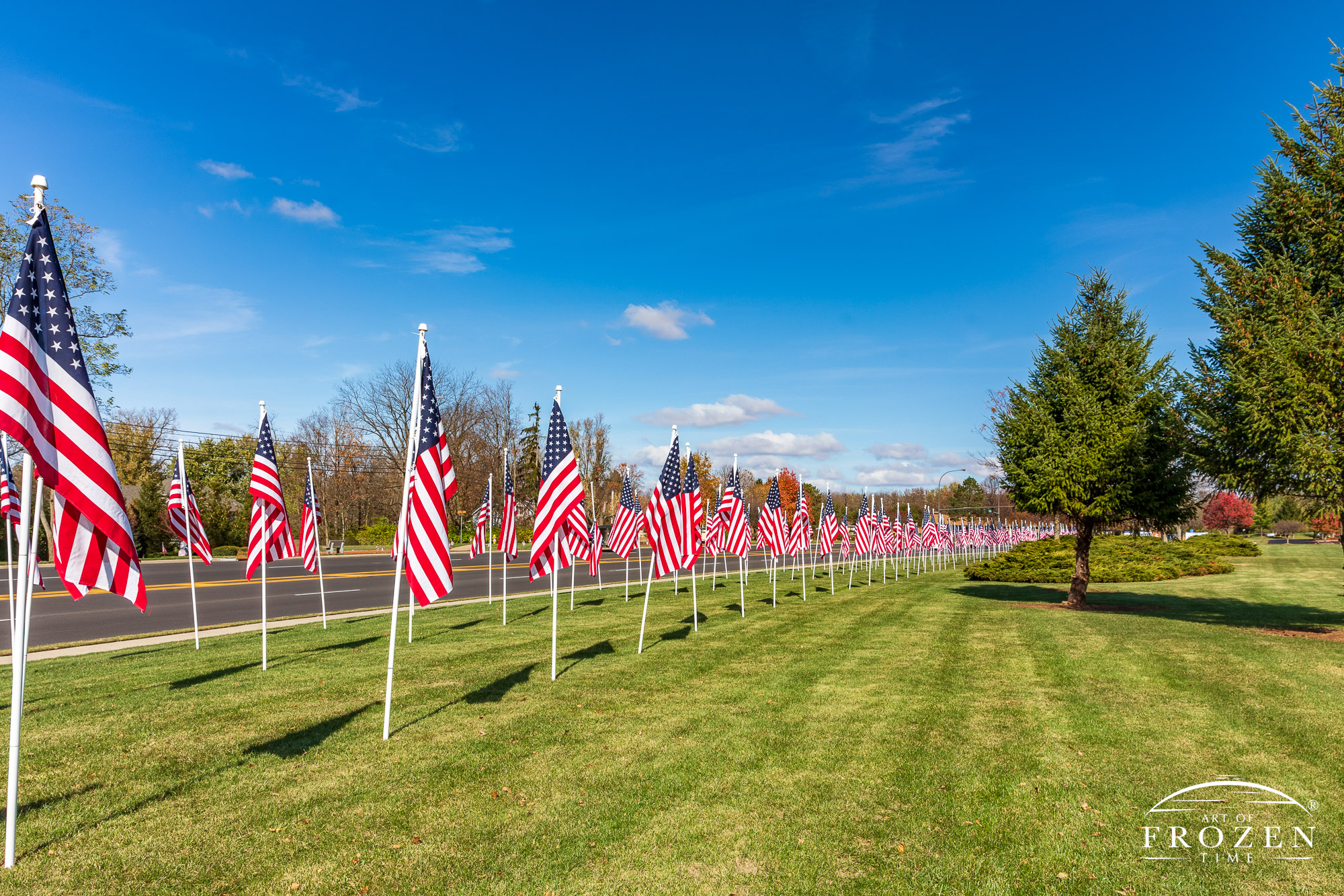 Under clear blue skies, Beavercreek shows its patriotism by setting up several hundred US Flags which on this day fluttered in the gentle breeze