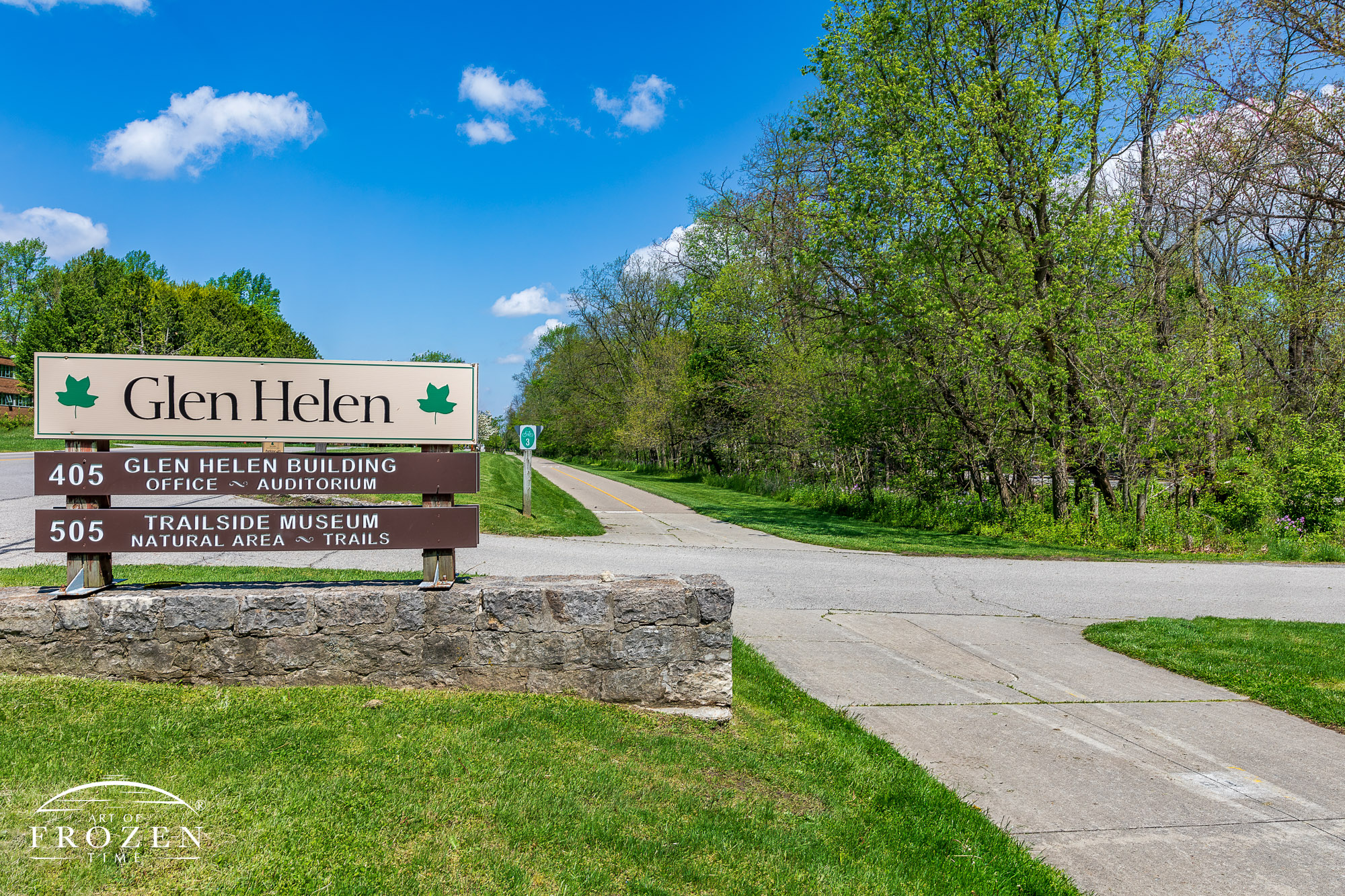 The Little Miami Scenic Trail extends past the Glen Helen Nature Preserve entrance on an early spring day.