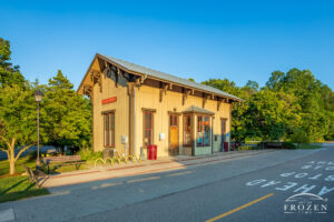 The Yellow Springs Station welcomes travelers along the Little Miami Scenic Trail as golden light washes over the tourist spot