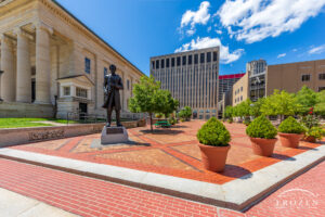 An 11-foot tall statue of Abraham Lincoln standing in the Old Montgomery County Courthouse Square