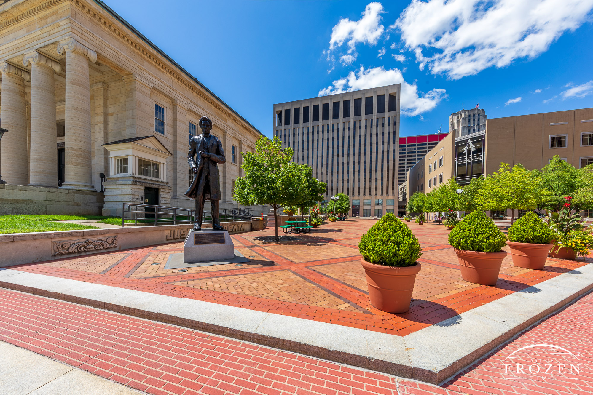 An 11-foot tall statue of Abraham Lincoln standing in the Old Montgomery County Courthouse Square