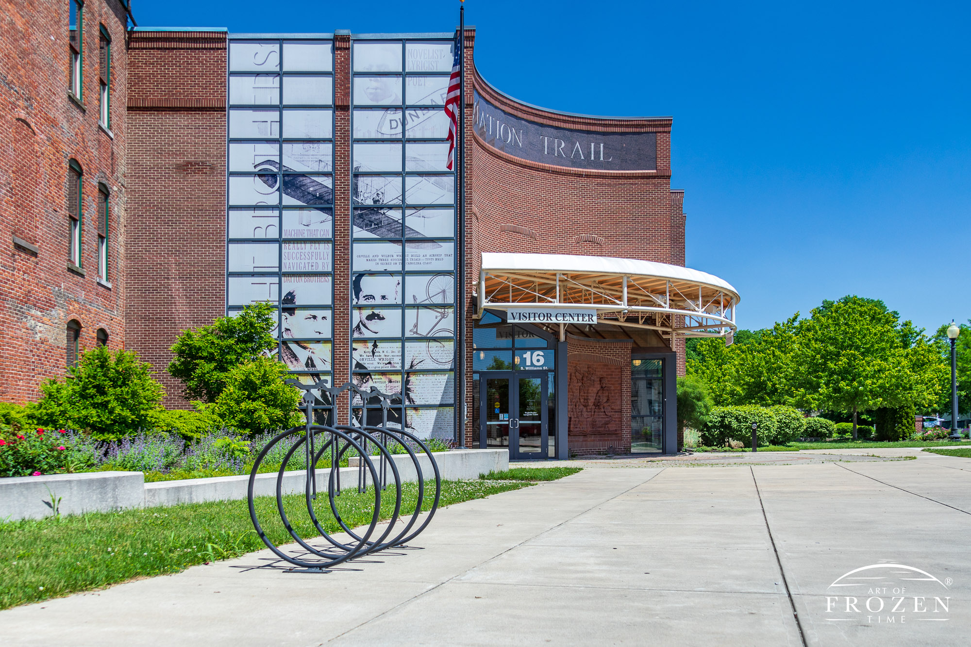 Dayton Aviation Heritage National Historical Park where a wrought iron bike rack resembles turn-of-the-century high-wheeled bikes.