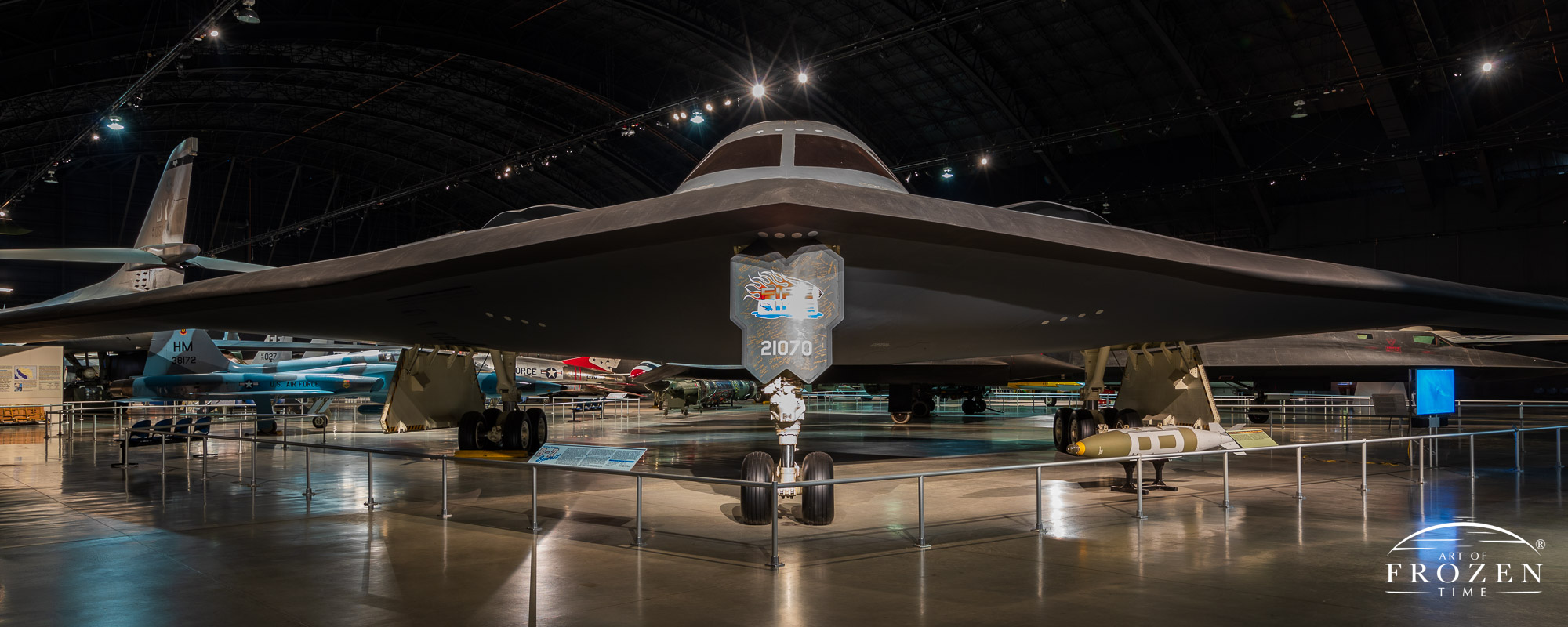 A front view of the B2 Stealth Bomber as it sits in the Air Force Museum.