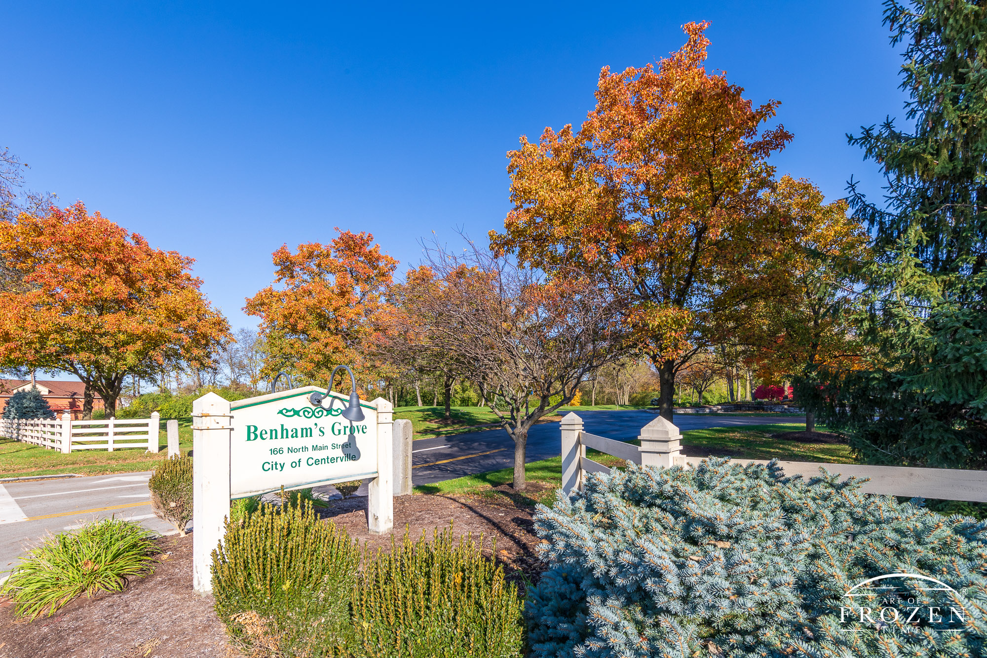 The enterance sign of Benham's Grove as the midday sun illuminates the changing leaves.