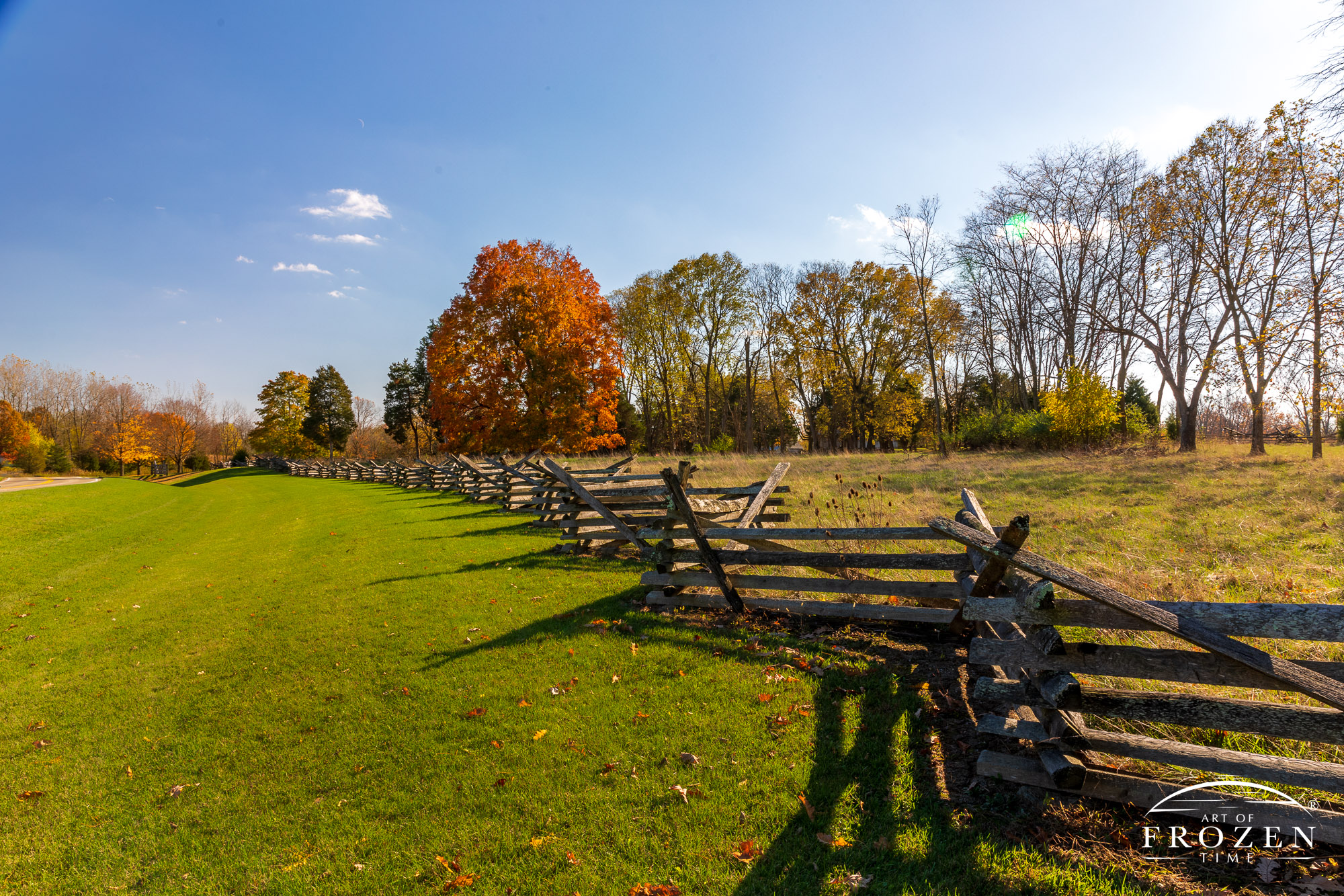 A stacked spilt-rail fence outlines the Historic Farmstead at Carriage Hill MetroPark
