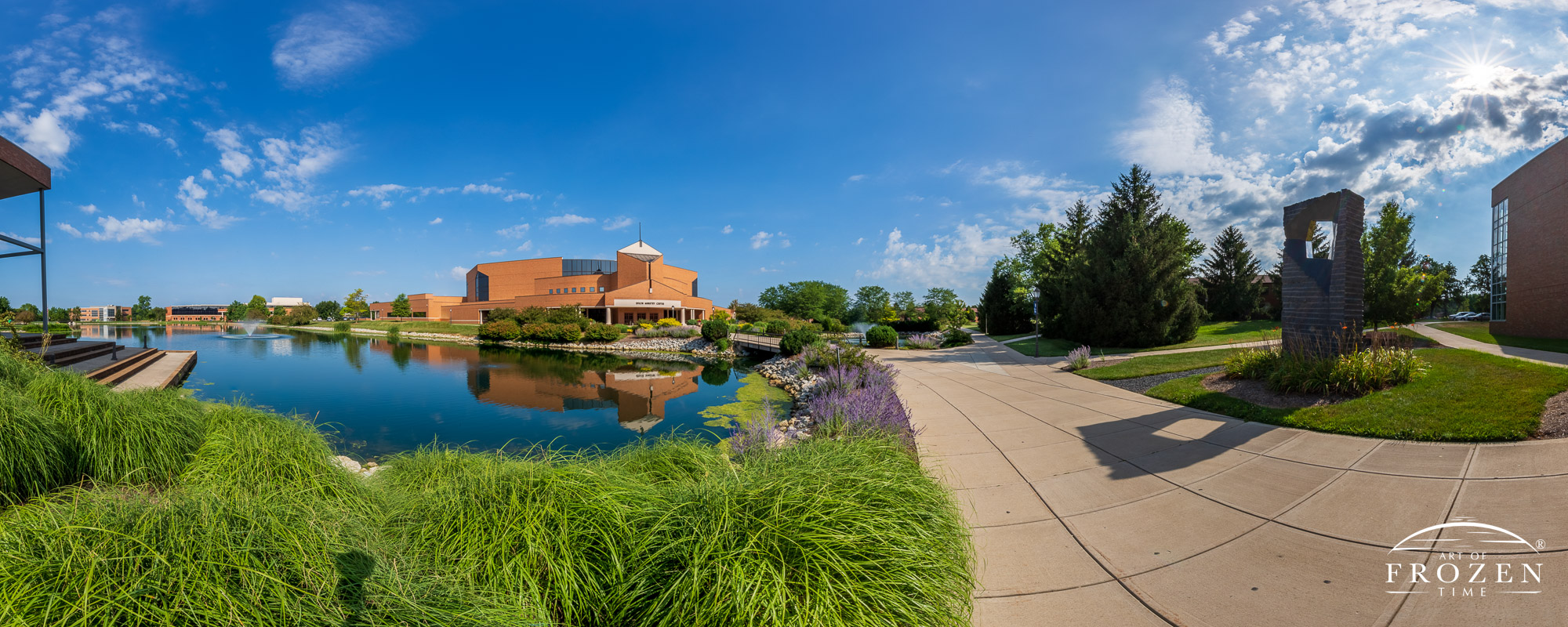 A small Ohio college with architectural gardens and fountains reside under perfect skies