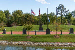 A view of Centerville Ohio’s Veterans Memorial as scene across the Stubbs Park pond.