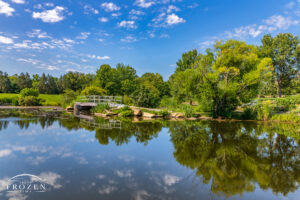 The Money Bridge and surround gardens reflected by the smooth waters of the Cox Arboretum Pond on a pretty day