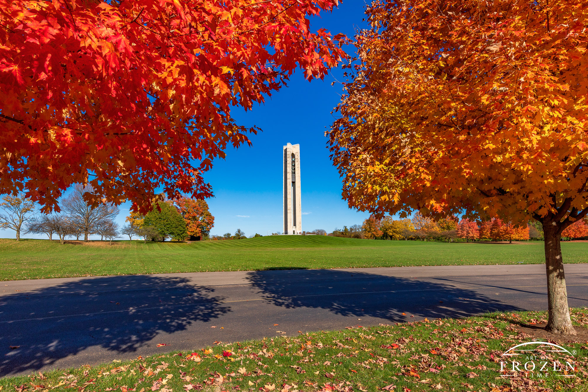 A view of blue sky and Deed Carillon Bell Tower through brilliantly colored autumn trees