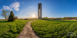 A panorama of the rising sun over Dayton Ohio Deeds Carillon on a spring morning