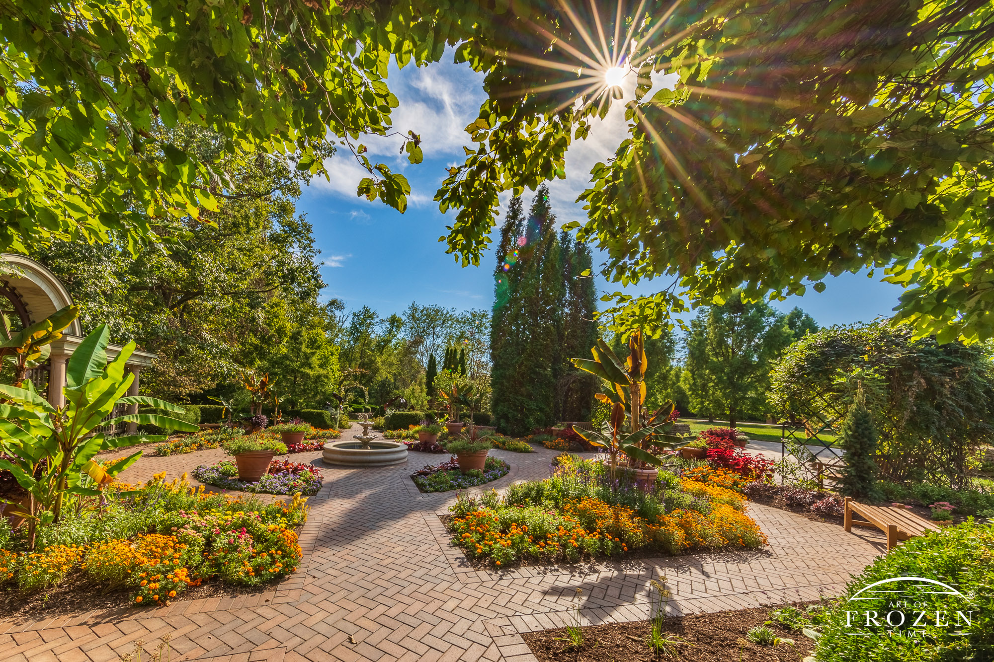 A view of a curved walkway under the Arbor Garden at Wegerzyn Gardens MetroPark where the sun sidelights the path and flower beds.