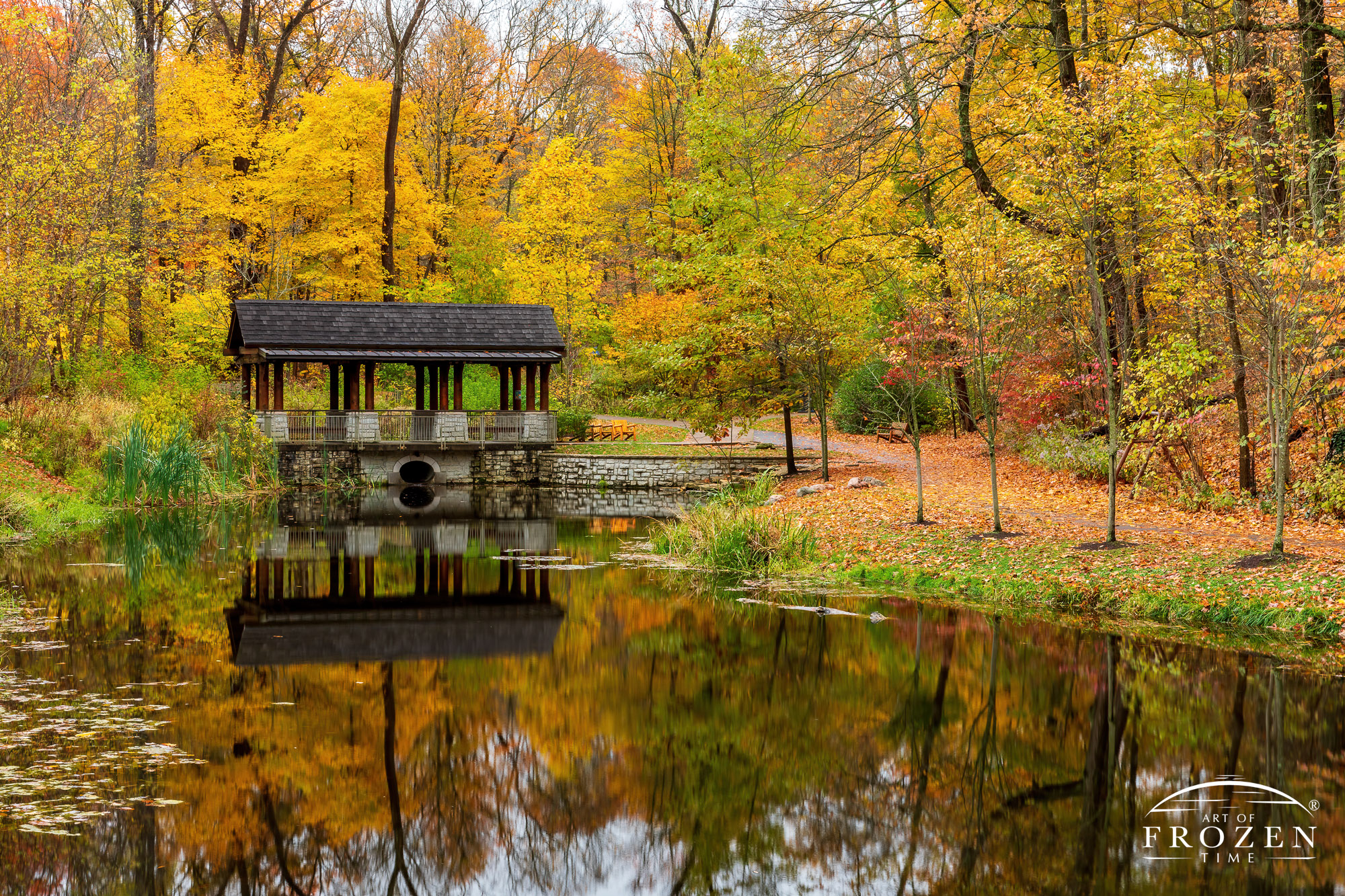 An Adirondack Pavilion and fall leaves at Dayton’s Hills and Dales MetroPark are reflected by the adjacent Dogwood Pond