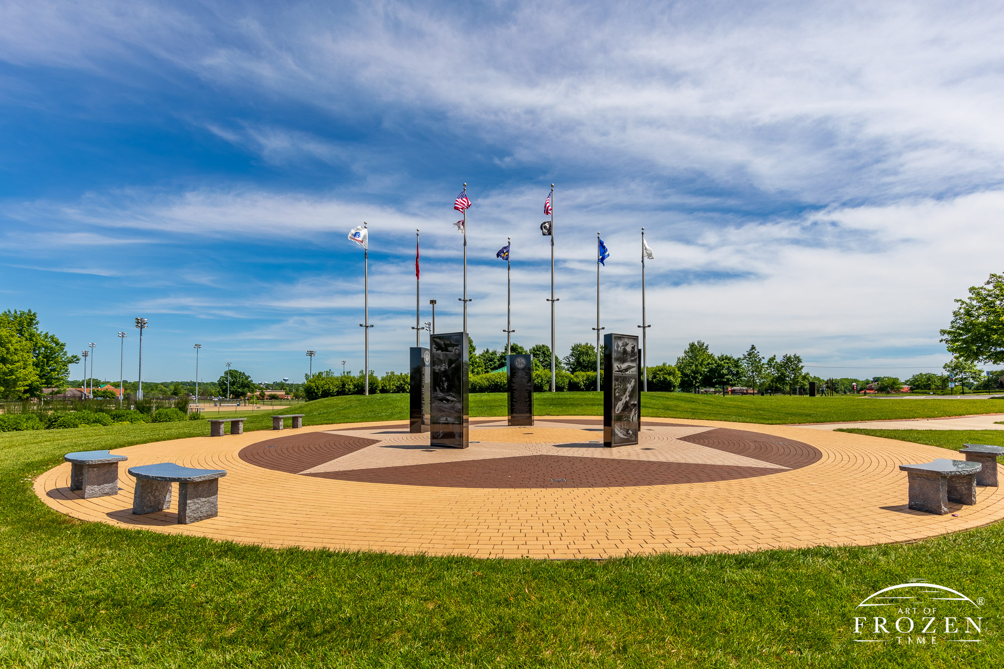 Delco Park offers Kettering Ohio residents a large pond and walking paths and holds the city’s Veteran’s Plaza.