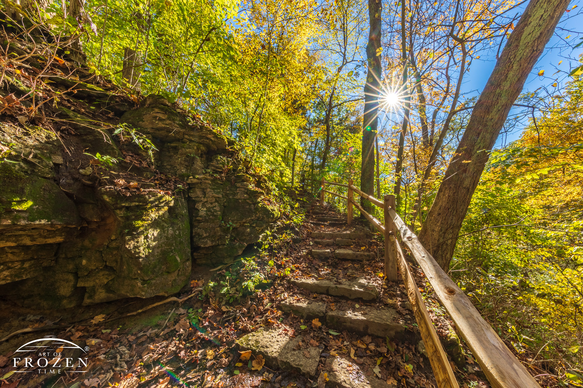 A footpath from Patty Falls aligns with the evening sun on an autumn day