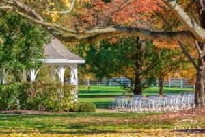 The Polen Farm Gazebo under a canopy of bright fall leaves on a pretty autumn day over Kettering Ohio