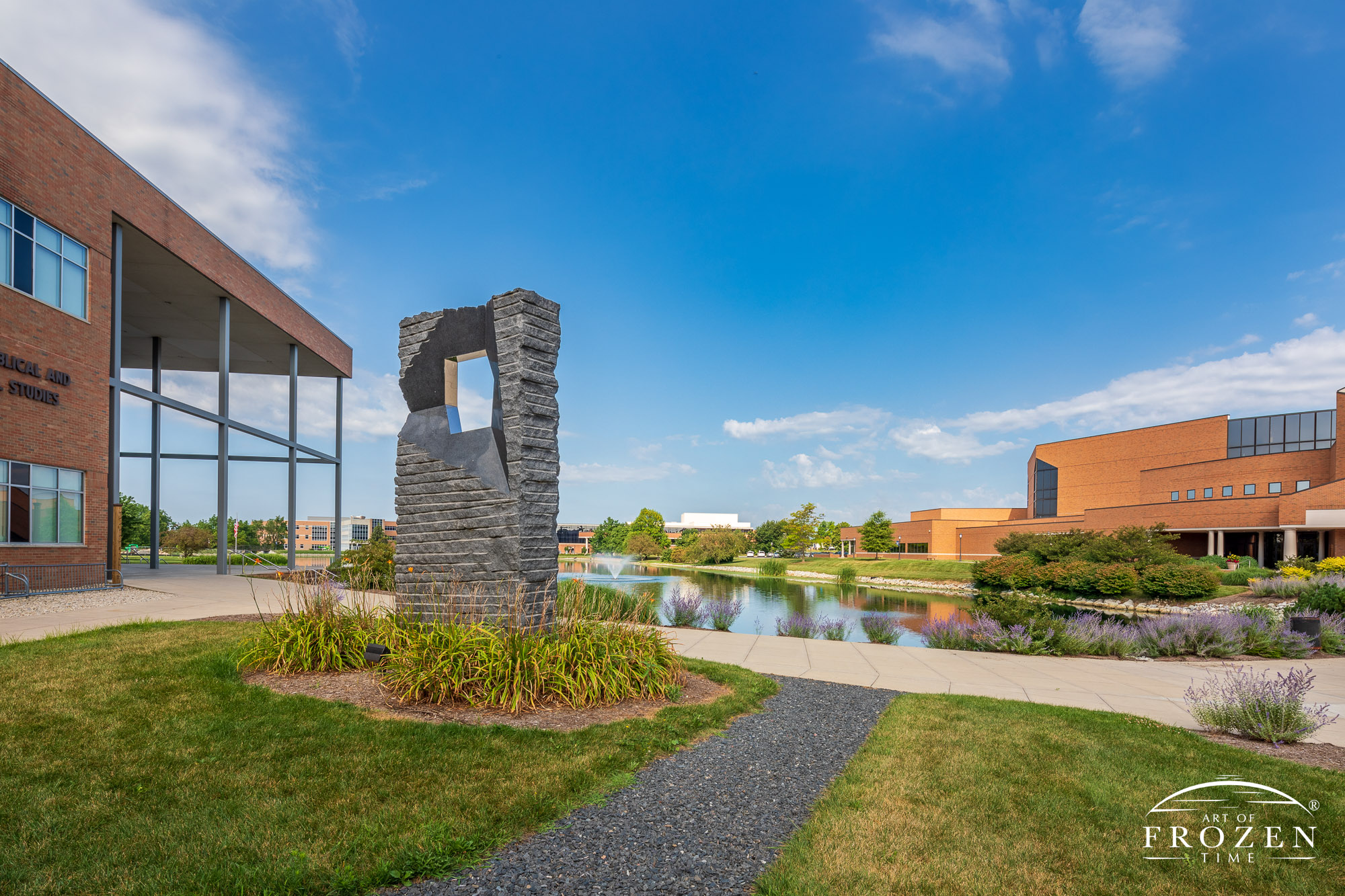 On Cedarville University’s immaculate campus resides this 16-foot granite sculpture with a stainless-steel accent in its portal