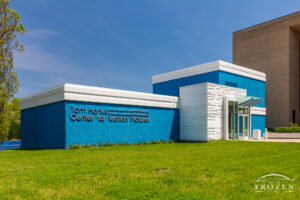 The most unique building on Wright State University, the blue and white trim Tom Hanks Center for Motion Pictures.