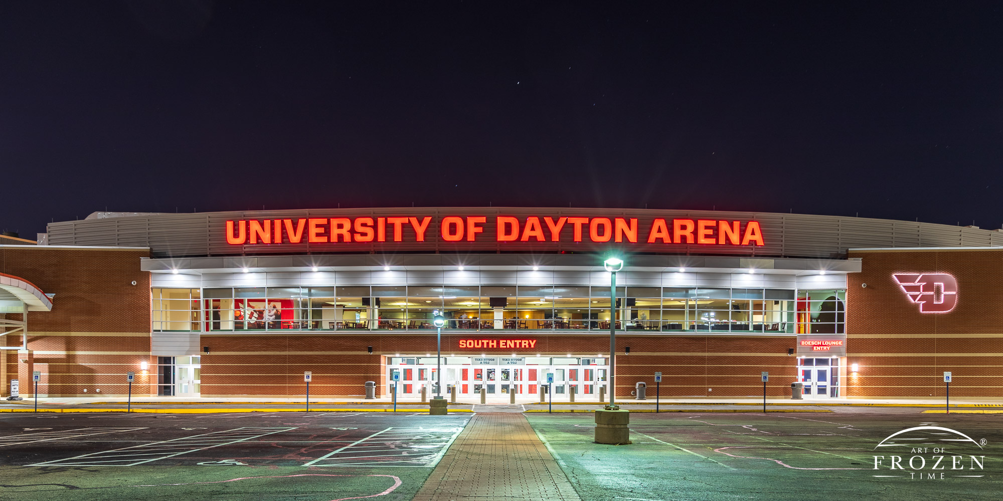 The revitalized University of Dayton area shines on this night scene on the outside as brightly as it does on the inside