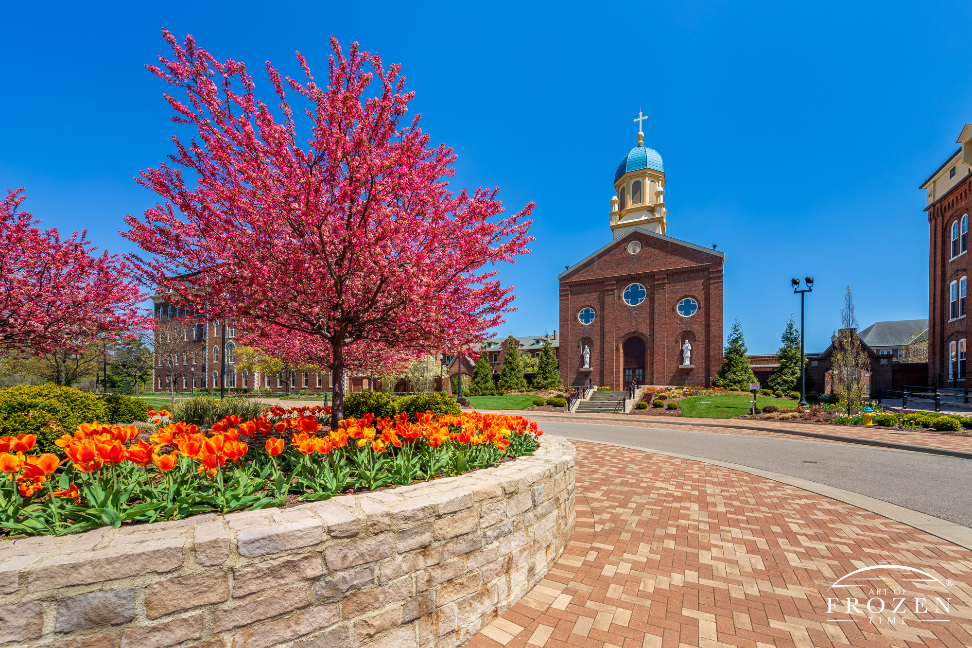 Colorful view of UD’s Chapel of Immaculate Conception with surrounding landscape in full spring bloom under blue skies