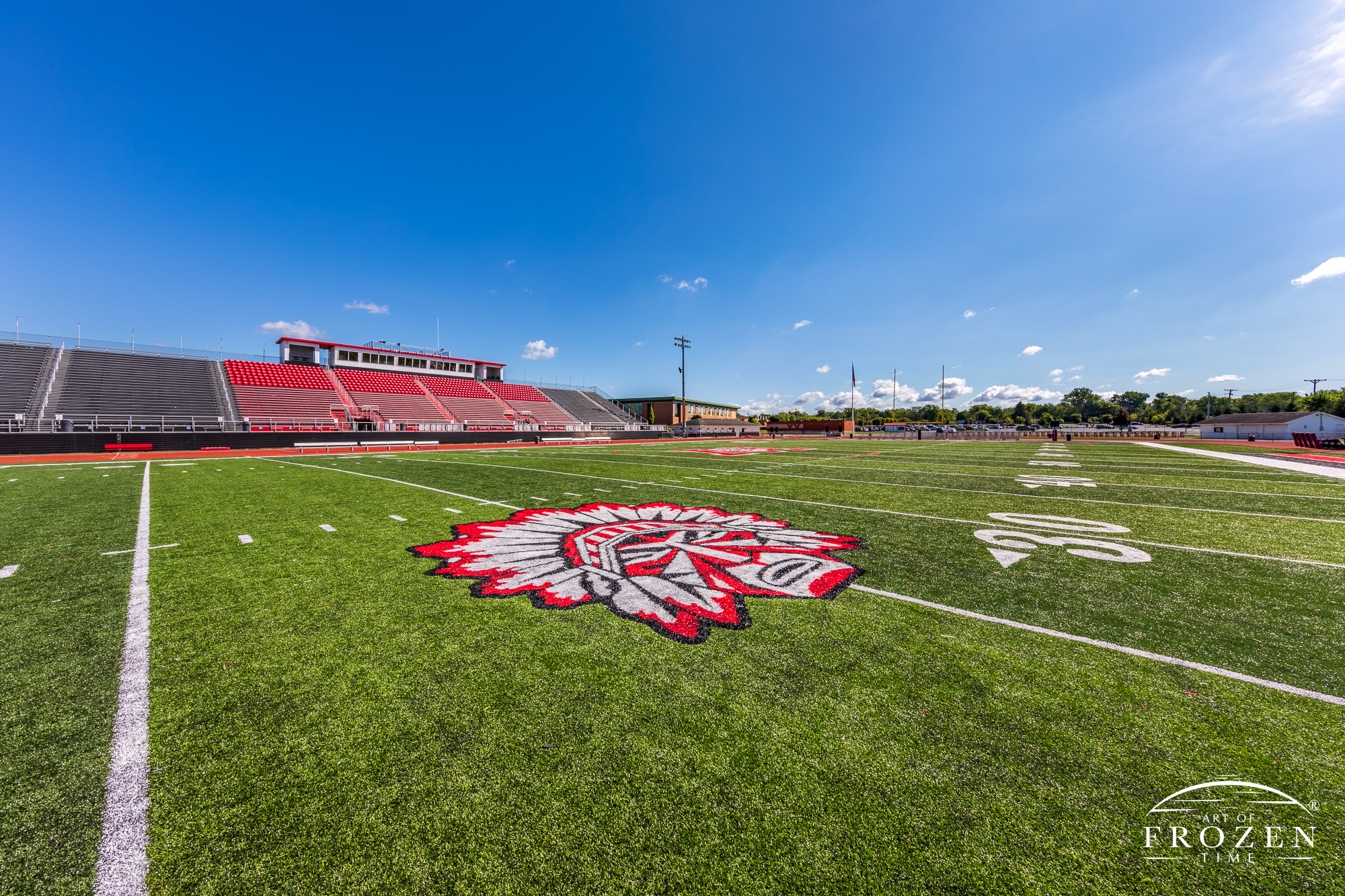 A view of Wayne High School’s Heidkamp Stadium in Huber Heights Ohio featuring its Wayne Warrior Mascot