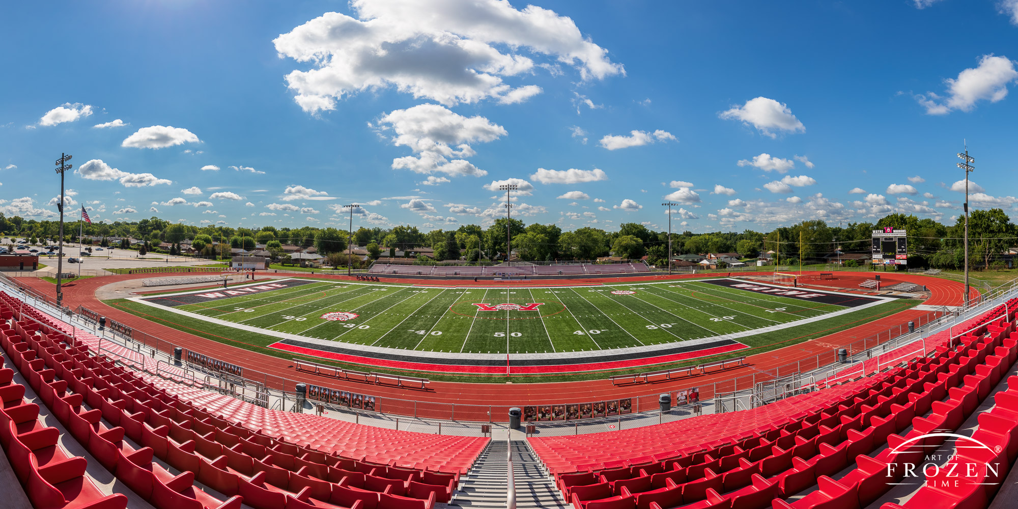 A panoramic view of Wayne High School’s Heidkamp Stadium from the press box