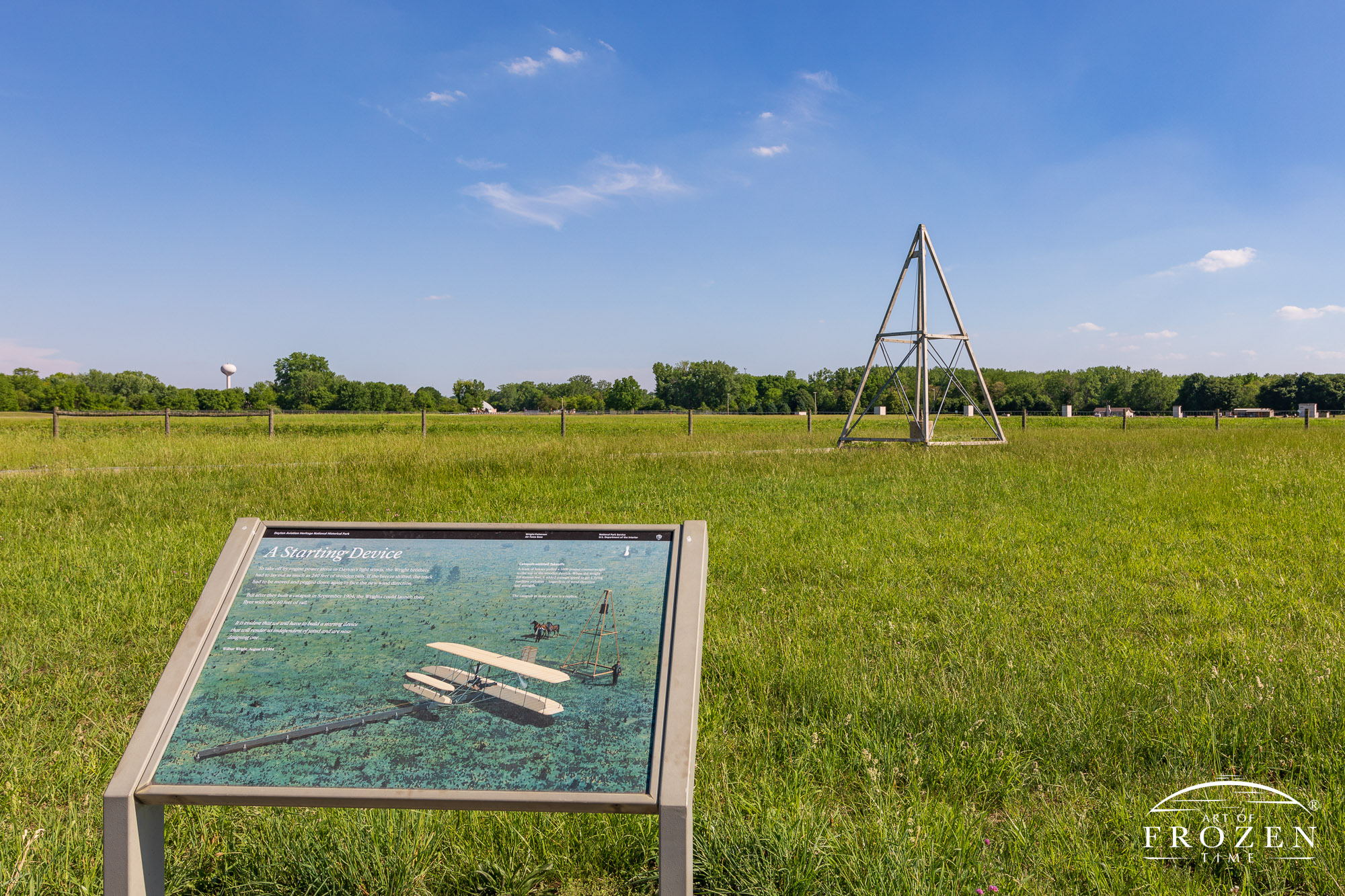 An explanatory sign at Huffman Prairie which explains how the Wright Brothers used a catapult lanunching system to get their Wrigth Flyer airborne