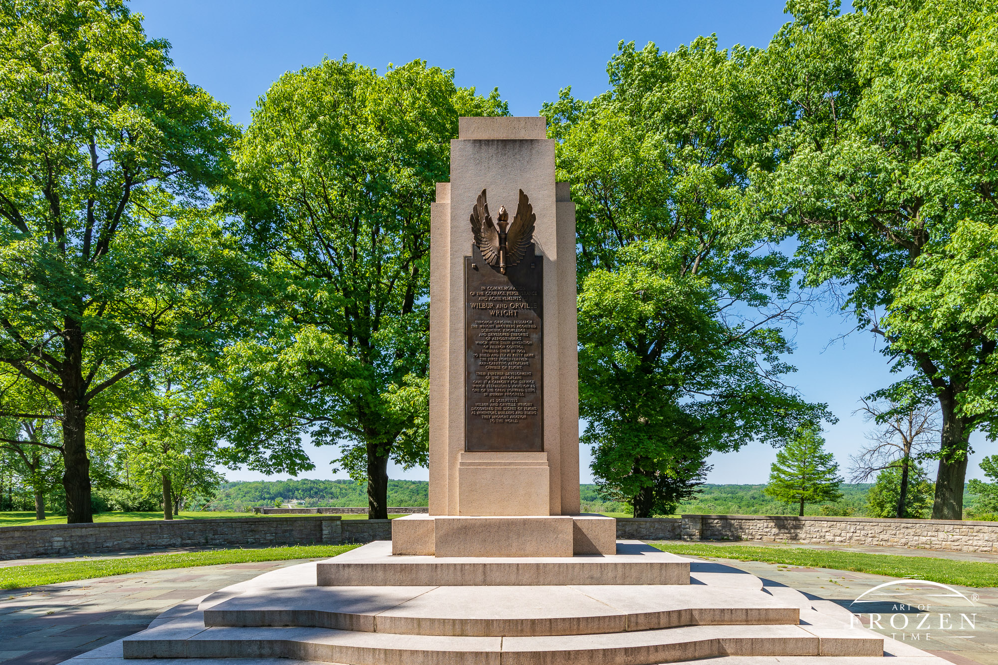 A memorial to Wilbur and Orville Wrigtht celebrating their invention of controlled flight which stands on a hill overlooking Huffman Prairie and Wright-Patterson AFB