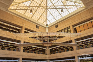 A full-size replica of the Wright Brothers 1903 Flyer hangs in the Wright State University library