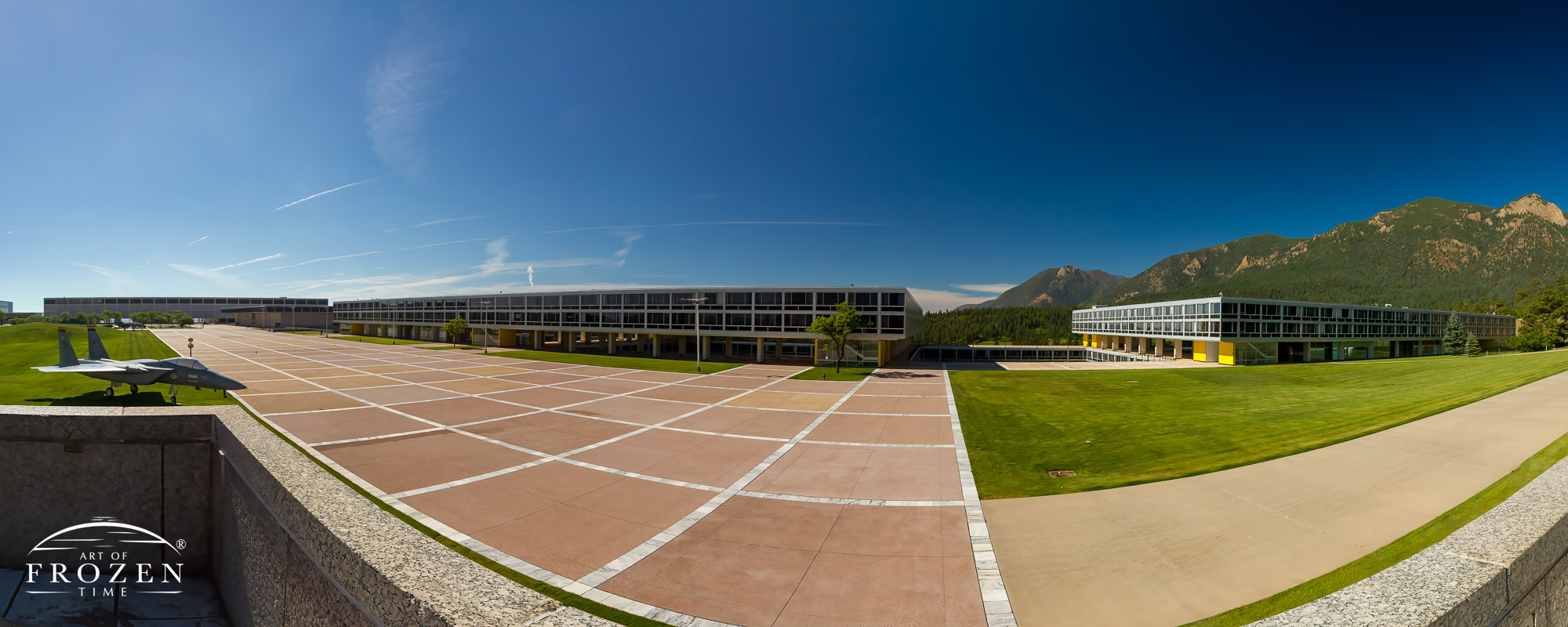 A panorama of the Air Force Academy as viewed from the Cadet Chapel showing how the Terrazzo spans the campus below the foot hills of the Rocky Mountains