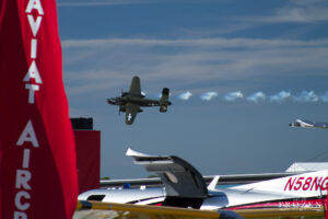 A low-level flyby of a North American B-25 Mitchell bomber makes a low pass during the Sun-n-Fun Airshow.