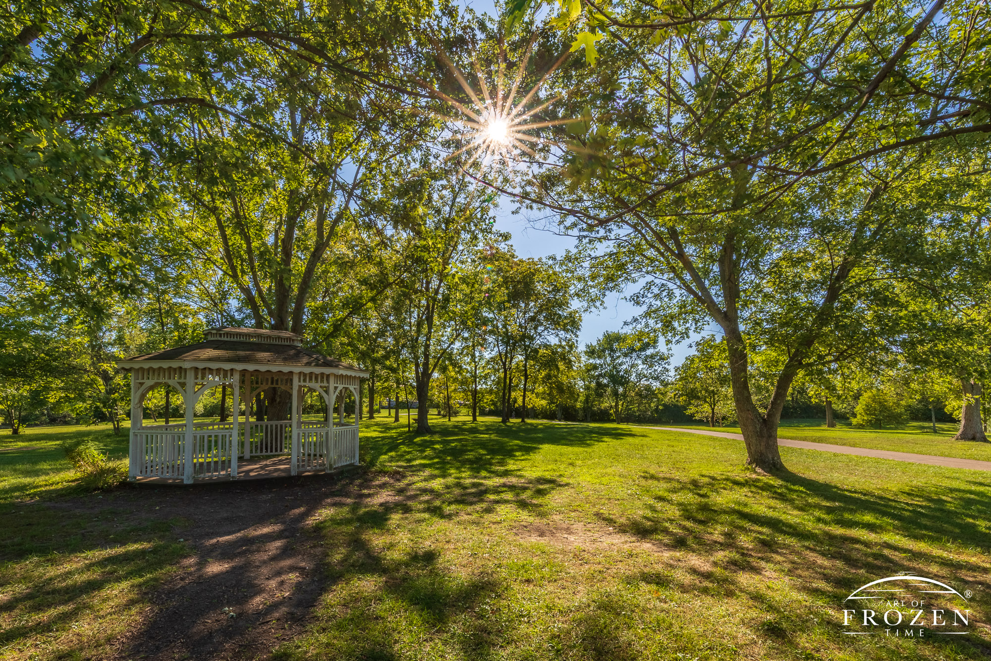A summer scene from Corwin M. Nixon Park where the trees gently filter the afternoon sunlight